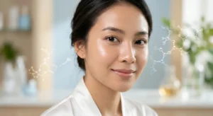 Wanita dengan estetika kulit glowing dan sehat sebagai hasil perawatan skin barrier berdasarkan jurnal kedokteran.