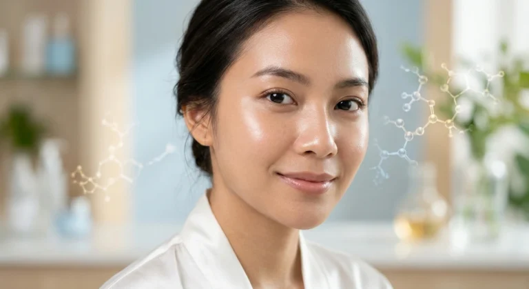 Wanita dengan estetika kulit glowing dan sehat sebagai hasil perawatan skin barrier berdasarkan jurnal kedokteran.