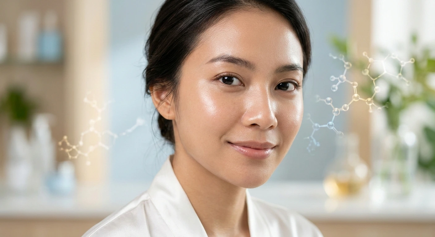 Wanita dengan estetika kulit glowing dan sehat sebagai hasil perawatan skin barrier berdasarkan jurnal kedokteran.